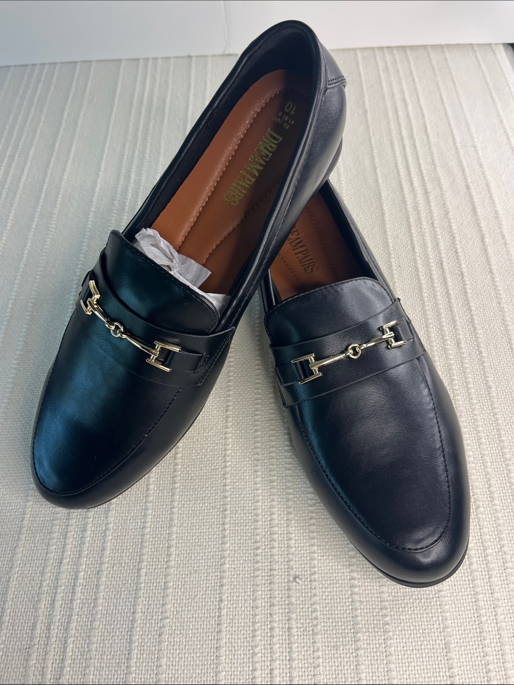 Dream Pairs: women's Black Leather Slip-On Loafers with Gold Bit, never worn NWT